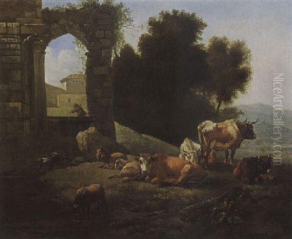 An Italianate Landscape With Cows, Sheep And Goats Resting And Watering In A Meadow, Near A Classical Ruins - view 1