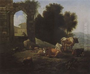 An Italianate Landscape With Cows, Sheep And Goats Resting And Watering In A Meadow, Near A Classical Ruins by Willem Romeyn