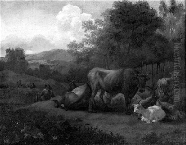 Berglandschaft Mit Lagernder Kuh- Und Ziegenherde - view 1