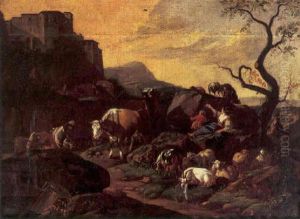 Peasants With Their Livestock Resting In A Rocky Landscape, A Fortress Beyond by Willem Romeyn