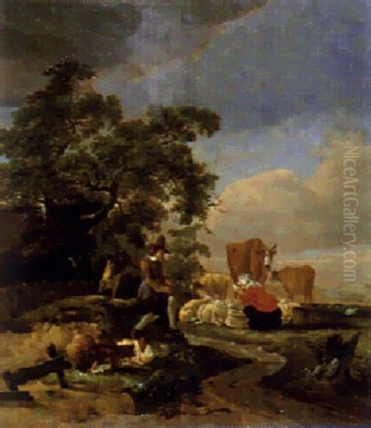 Hirtenpaar Mit Seiner Herde In Einer Landschaft - view 1
