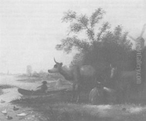 Niederlandische Kanallandschaft, Vorn Ein Ruderer Bei Einer Ruhenden Herde by Willem Romeyn