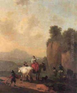 A Woman On A Mule Conversing With A Drover With A Bull, Herdsmen And Their Livestock by Willem Romeyn