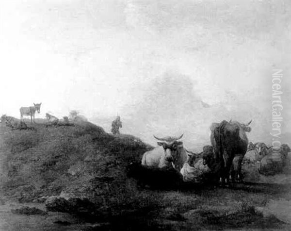Cattle And Sheep With A Shepherd At Rest In A Landscape - view 1