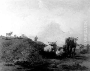 Cattle And Sheep With A Shepherd At Rest In A Landscape by Willem Romeyn