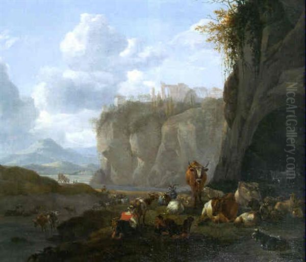 Shepherds With Goats, Sheep And Cattle Resting On A River Bank - view 1