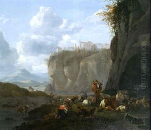 Shepherds With Goats, Sheep And Cattle Resting On A River Bank