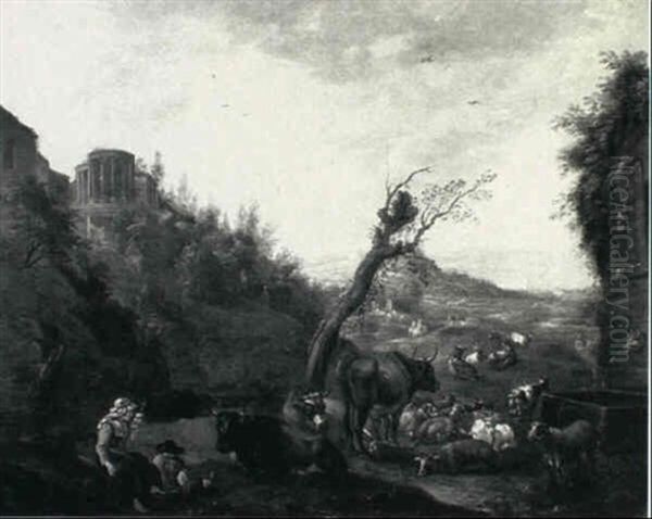 Landscape With Peasants By A Water Fountain And A View Of The Temple Of Sybil, Tivoli - view 1
