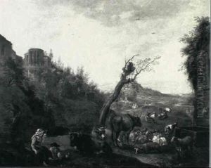 Landscape With Peasants By A Water Fountain And A View Of The Temple Of Sybil, Tivoli by Willem Romeyn