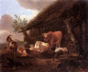 Cattle, Sheep And Goats Resting Before A Stall by Willem Romeyn