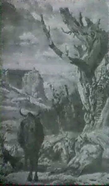 Cattle And A Goat By A Tree - view 1