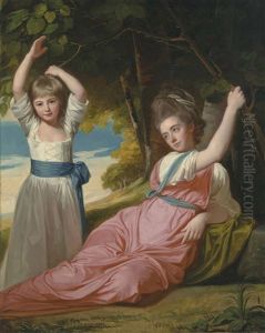 The Boone Children: Double Portrait Of Harriet (b. 1764), In A Pink Dress, Semi-recumbent, And Charles (b. 1774), In A White Dress With A Blue Sash, In A Landscape by George Romney