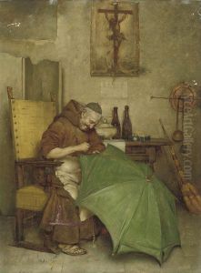 A Monk Repairing An Umbrella by Giuseppe Bortignoni
