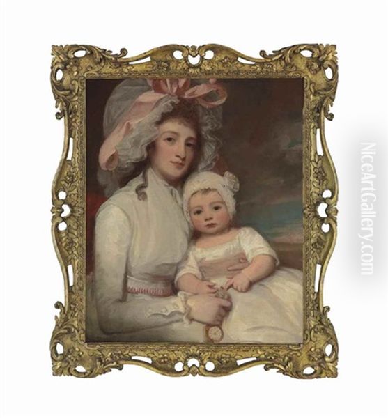 Portrait Of Mrs Margaret Ainslie And Her Son Henry, She In A White Dress And Mob-cap Tied With A Pink Ribbon, Holding A Fob Watch, The Child In A White Dress With A Pink Sash And White Cap - view 1