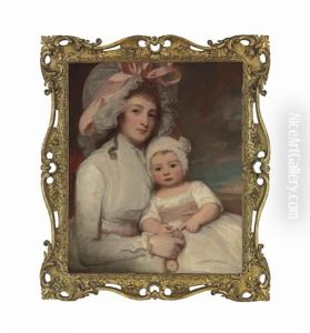 Portrait Of Mrs Margaret Ainslie And Her Son Henry, She In A White Dress And Mob-cap Tied With A Pink Ribbon, Holding A Fob Watch, The Child In A White Dress With A Pink Sash And White Cap