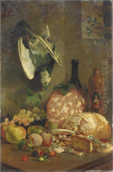 Natura Morta Con Frutta, Cacciagione, Bottiglie, Caramelle, Pane E Mortadella - view 1