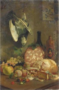 Natura Morta Con Frutta, Cacciagione, Bottiglie, Caramelle, Pane E Mortadella by Giuseppe Bortignoni
