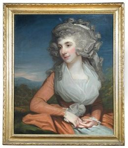 Portrait Of Mrs Mary Livius (1757-1837) Half Length, Seated In Pink, With A Mountainous Landscape Beyond