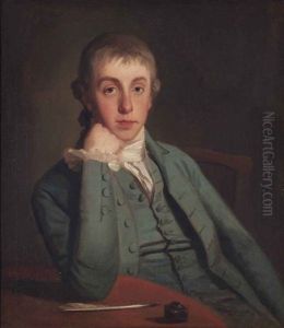 Portrait Of A Gentleman, Traditionally Identified As George Biddle, Half-length, Seated, In A Blue Coat, His Right Elbow Resting On A Table... by George Romney