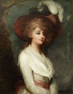 Portrait Of A Young Lady, Three-quarter-length, In A White Dress With A Pink Sash And A Feathered Hat, Standing Before A Tree In An Open Landscape
