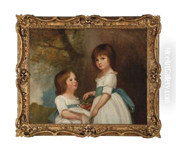 Portrait Of Two Girls, Traditionally Identified As The Horsley Children, In White Dresses With Blue Sashes Holding Flowers In A Landscape - view 1