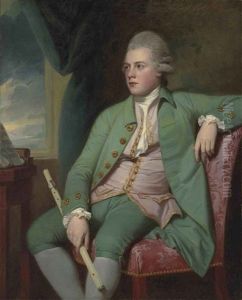 Portrait Of Francis Lind In A Green Coat And Breeches, And Pink Waistcoat Embroidered With Gold, A One-keyed Simpson Ivory Flute In His Right Hand, A... by George Romney
