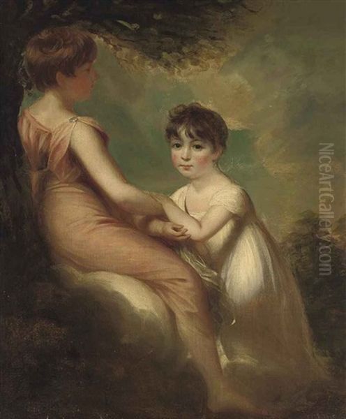 Portrait Of Two Children In Classical Dress, In A Wooded Landscape - view 1