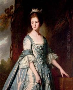 Portrait Of A Lady In A Blue And Pink Dress, In A Landscape by George Romney