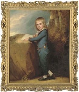 Portrait Of Master Tennant, Full-length, In A Blue Suit With Gold Buttons And Red Trim, Sketching On A Rock, In A Landscape