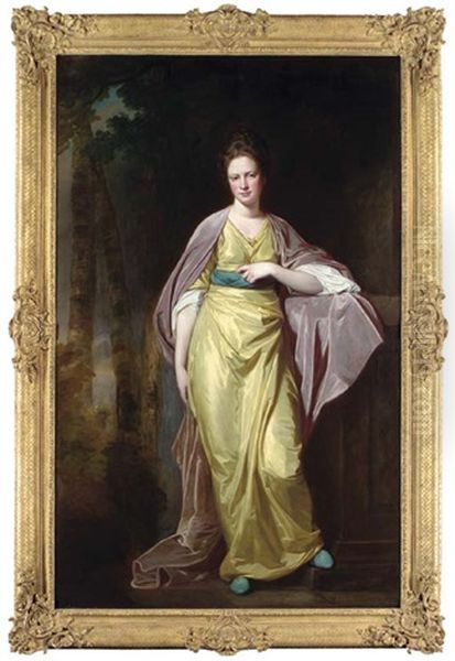Portrait Of Mrs. Ellen Morewood, Full-length, In A Yellow Dress With A Blue Sash And A Mauve Wrap, Leaning On A Pedestal, In A Wooded Landscape - view 1
