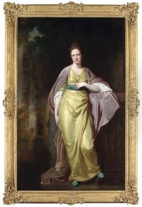 Portrait Of Mrs. Ellen Morewood, Full-length, In A Yellow Dress With A Blue Sash And A Mauve Wrap, Leaning On A Pedestal, In A Wooded Landscape