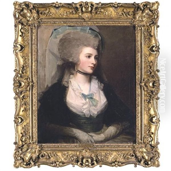 Portrait Of Mrs. Pringle, Nee Miss Balneavis, Half Length, Wearing A White Gown With A Blue Sash And Bow At The Neckline, A Black Shawl, And A Pearl Necklace And Earrings - view 1