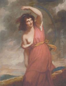 Portrait Of Emma Hart, Lady Hamilton, As A Dancing Bacchante In Red Robes With A Yellow Sash, A Blue Scarf In Her Left Hand, In A Landscape by George Romney