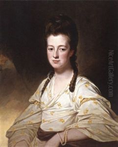 Portrait Of A Lady (dorothy Cavendish Bentinck, Duchess Of Portland?) Wearing A White Dress With Yellow Flowers by George Romney