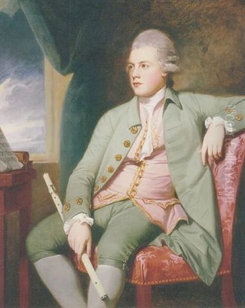 Portrait Of Francis Lind Seated Before A Music Stand, In A Powdered Wig, A Green Coat And Breeches And A Pink Waistcoat Embroidered With Gold, Holding A Flute, By An Open Window - view 1