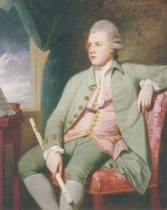 Portrait Of Francis Lind Seated Before A Music Stand, In A Powdered Wig, A Green Coat And Breeches And A Pink Waistcoat Embroidered With Gold, Holding A Flute, By An Open Window by George Romney