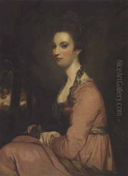 Portrait Of A Lady In A Pink Dress, Holding A Rose, In A Wooded Landscape - view 1