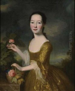 Portrait Of Elizabeth White In A Yellow Dress Picking A Rose, Her Left Hand Resting On A Basket Of Flowers, In A Landscape
