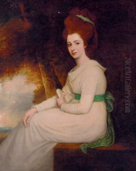 Portrait Of A Lady In A White Dress With Blue Ribbon, Holding A Scroll, In A Landscape - view 1