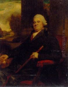Portrait Of Sir Benjamin Truman In A Dark Green Coat, Holding A Cane In His Left Hand, A Country House Beyond