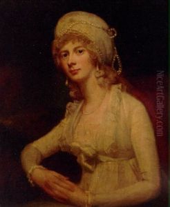 Portrait Of A Lady In A White Dress And White Pearl-trimmed Cap by George Romney