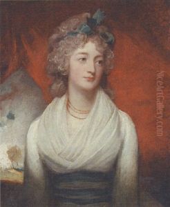 Portrait Of Miss Jean Drummond In A White Dress And With A Blue Ribbon In Her Hair, Before A Red Curtain, A Landscape Beyond
