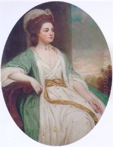 Portrait Of Lady Katherine Griffin Wearing A White Dress With A Gold Leaf Pattern And A Light Blue Cloak