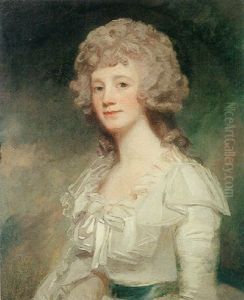 Portrait Of Lady (mrs. Buchanan?) Wearing A White Dress With A Blue Sash by George Romney