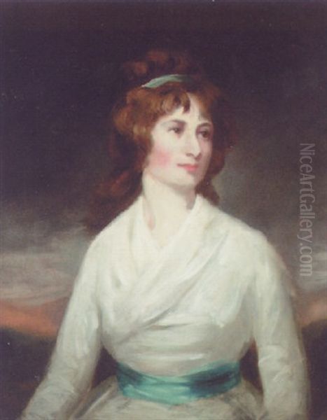 Portrait Of A Lady, Arabella Ponsonby, In A White Dress With Blue Sash, In A Landscape - view 1