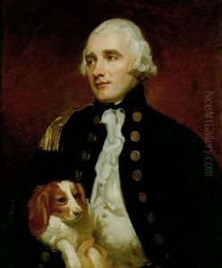 Portrait Of Captain The Hon. Sir George Grey Wearing A Naval Uniform, Holding His Dog Under His Arm by George Romney