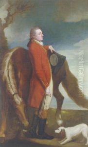 Portrait Of Colonel Wilson Braddyll Wearing The Red Uniform Of The Yorkshire Yeomanry, With A Horse And A Dog In A Landscape by George Romney