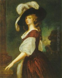 Portrait Of Lady Milnes, Three Quarter Length, Standing In A Landscape, Wearing A Purple Dress by George Romney