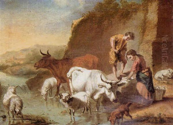 Cattle And Sheep Watering With Figures Nearby - view 1