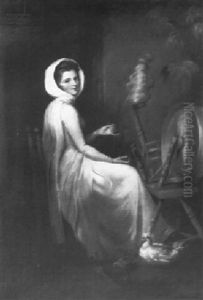The Spinstress: Portrait Of Lady Hamilton Seated Full Lengthin A White Dress And Shawl, At A Spinning Wheel... by George Romney